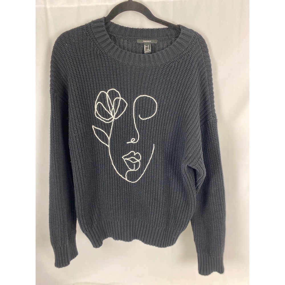 Forever 21 Womens Black‎ Abstract Face Line Art Ribbed Knit Sweater Large - Picture 2 of 11
